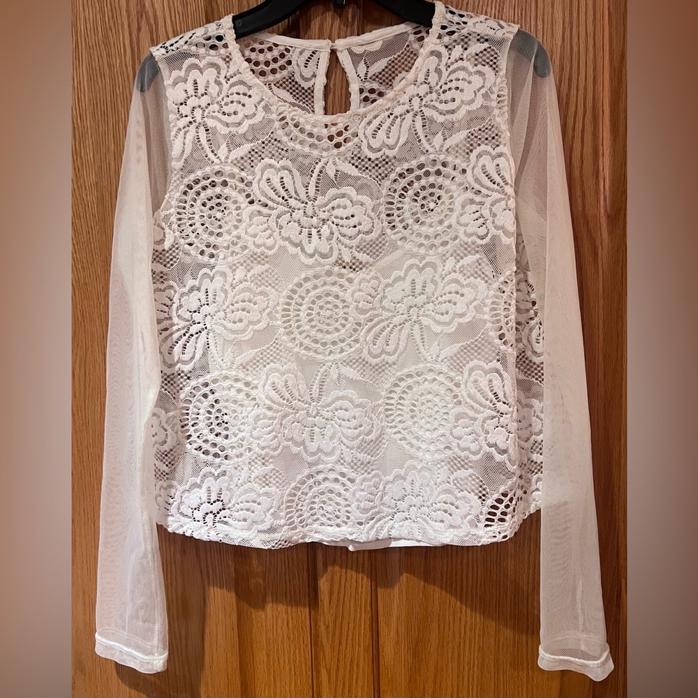 Hollister Floral Lace Mesh Long Sleeve Camisole Lined Top Antique White Size XS